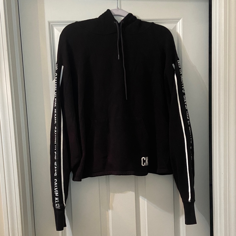 🧡 Women’s Calvin Klein Jeans Black Crewneck Hoodie with Sleeve Logo Stripe